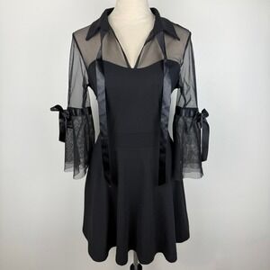 Black Mesh Sheer Bell Sleeve Gothic Dress Satin Ribbon Tie Bows Mini Size Large